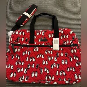 Vera Bradley Medium Traveler Bag Playful Penguins Red Duffel Tote New With Tags